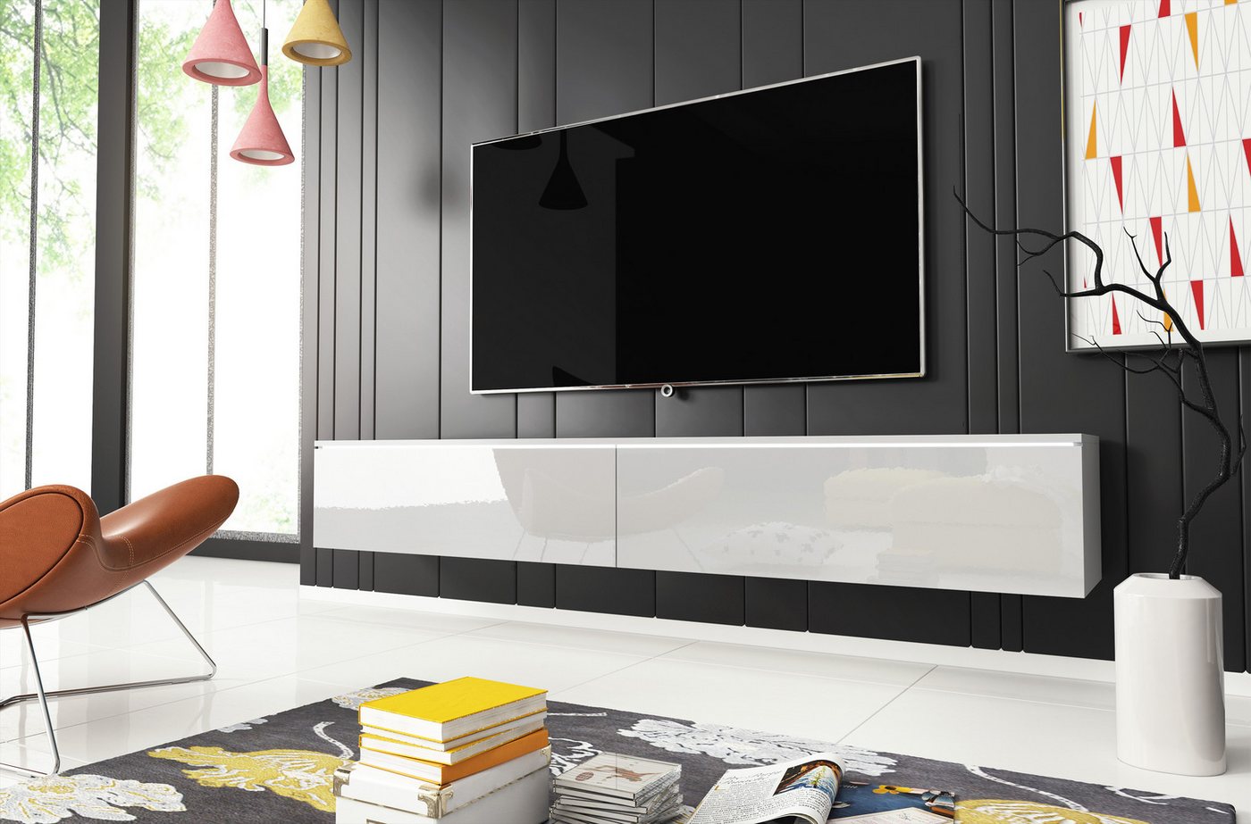 Home affaire Lowboard LOWBOARD VERA, wahlweise mit oder ohne Beleuchtung, Modernes griffloses TV-Board, 180 cm TV-Schrank, stehend und hängend – Bild 2 von 5