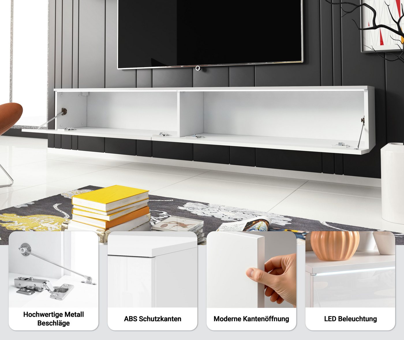 Home affaire Lowboard LOWBOARD VERA, wahlweise mit oder ohne Beleuchtung, Modernes griffloses TV-Board, 180 cm TV-Schrank, stehend und hängend – Bild 4 von 5