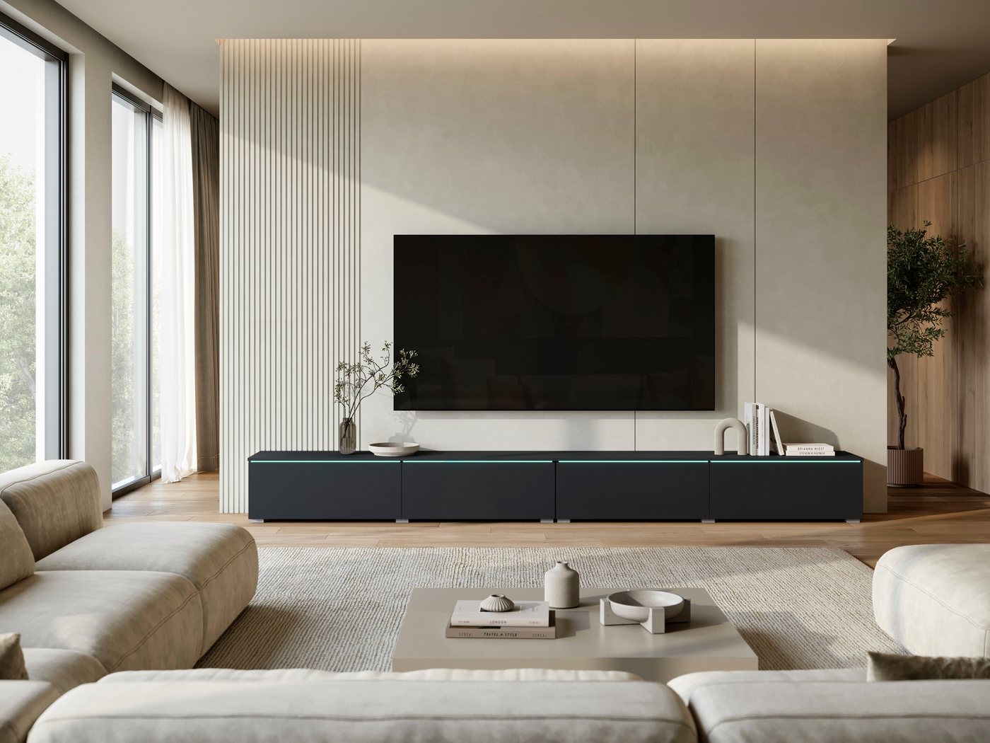 Home affaire Lowboard Vera, TV-Schrank, Breite 300 cm, verschiedene Farbausführungen (1 St), Mit LED, 4 Klappen, grifflose Fronten, hängend oder stehend – Bild 2 von 5