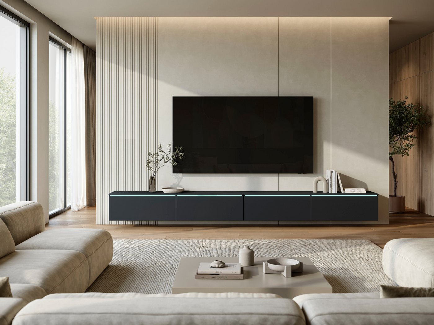 Home affaire Lowboard Vera, TV-Schrank, Breite 300 cm, verschiedene Farbausführungen (1 St), Mit LED, 4 Klappen, grifflose Fronten, hängend oder stehend – Bild 4 von 5
