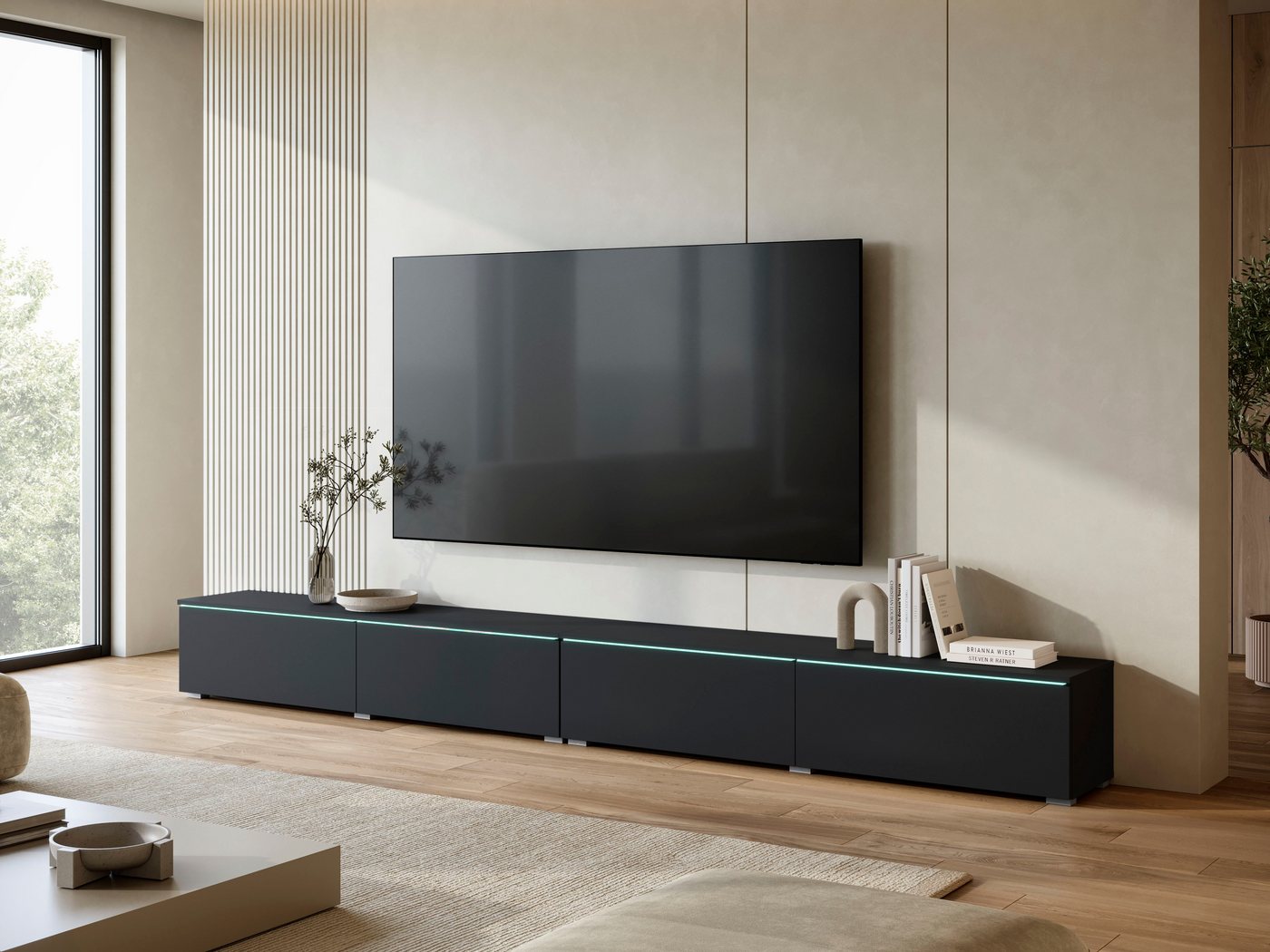 Home affaire Lowboard Vera, TV-Schrank, Breite 300 cm, verschiedene Farbausführungen (1 St), Mit LED, 4 Klappen, grifflose Fronten, hängend oder stehend – Bild 5 von 5