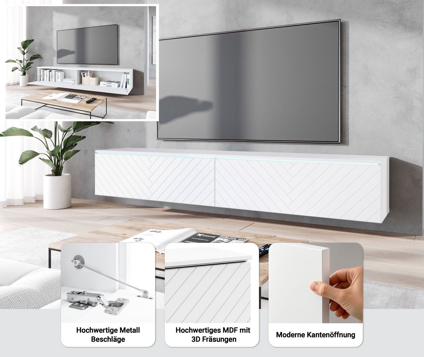Home affaire Lowboard Vera, wahlweise mit oder ohne Beleuchtung, gefräste MDF Front mit 3D Effekt, stehend und hängend montierbar – Bild 4 von 5