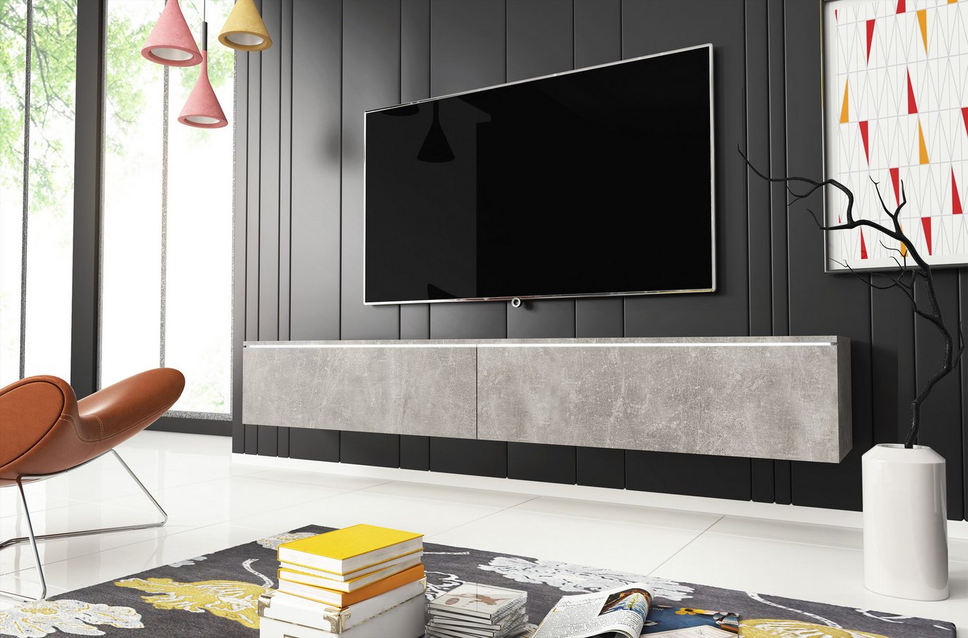 Home affaire Lowboard LOWBOARD VERA, wahlweise mit oder ohne Beleuchtung, Modernes griffloses TV-Board, 180 cm TV-Schrank, stehend und hängend – Bild 2 von 5