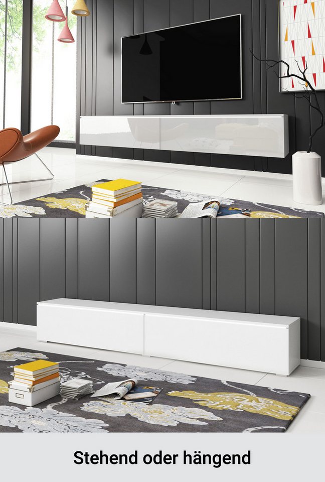 Home affaire Lowboard LOWBOARD VERA, wahlweise mit oder ohne Beleuchtung, Modernes griffloses TV-Board, 180 cm TV-Schrank, stehend und hängend – Bild 3 von 5
