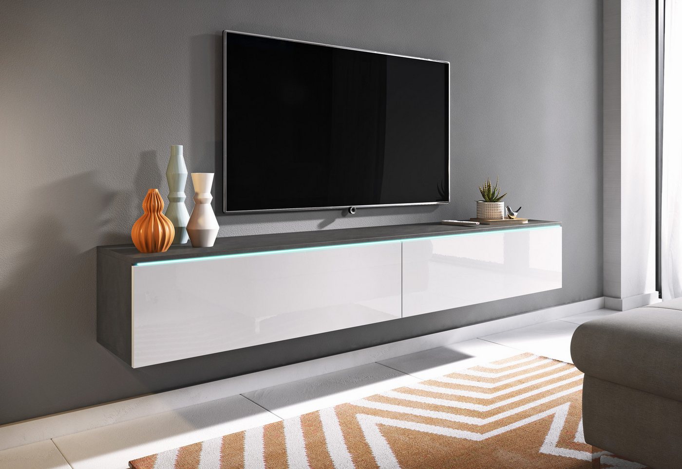 Home affaire Lowboard LOWBOARD VERA, wahlweise mit oder ohne Beleuchtung, Modernes griffloses TV-Board, 180 cm TV-Schrank, stehend und hängend – Bild 2 von 5