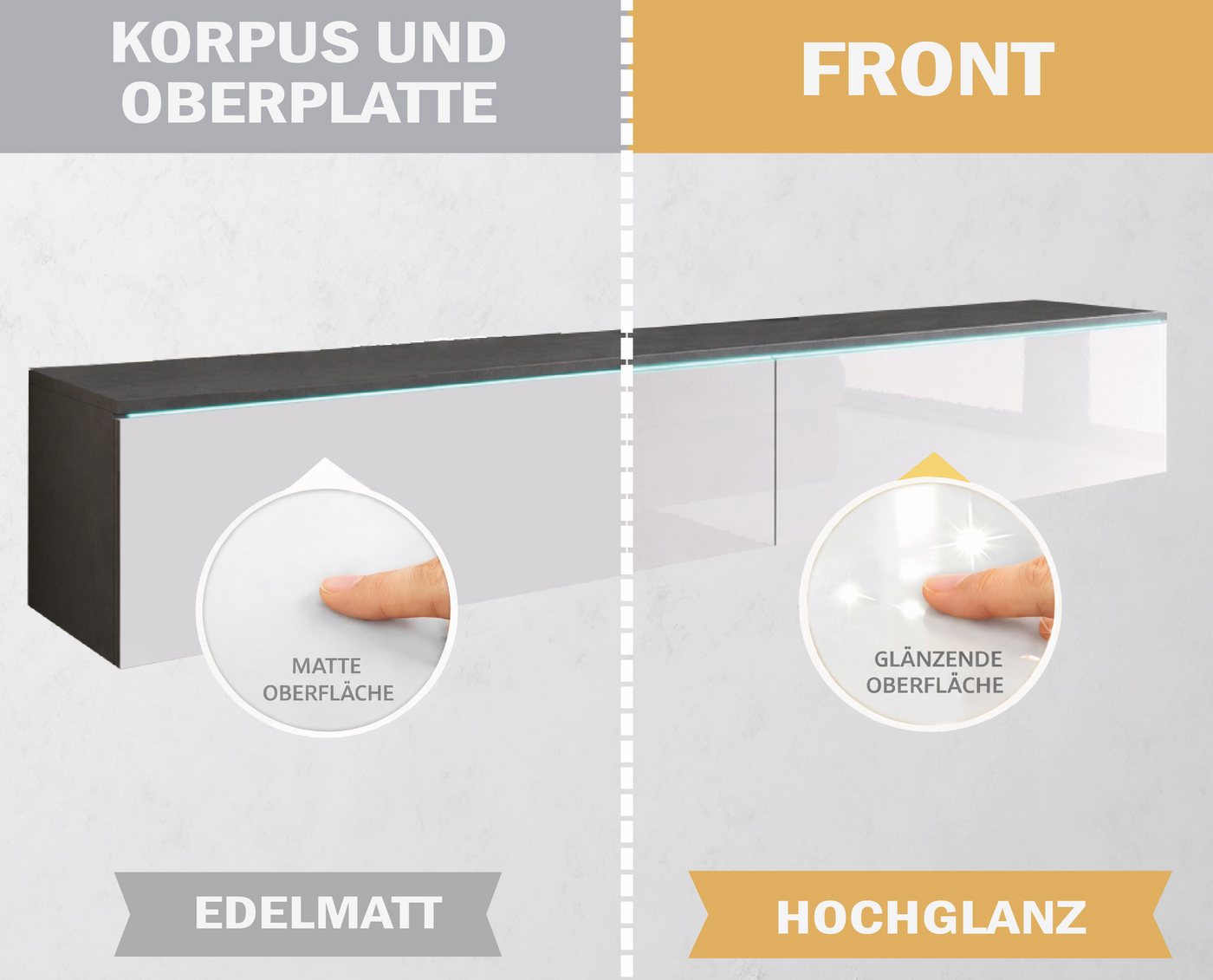 Home affaire Lowboard LOWBOARD VERA, wahlweise mit oder ohne Beleuchtung, Modernes griffloses TV-Board, 180 cm TV-Schrank, stehend und hängend – Bild 5 von 5