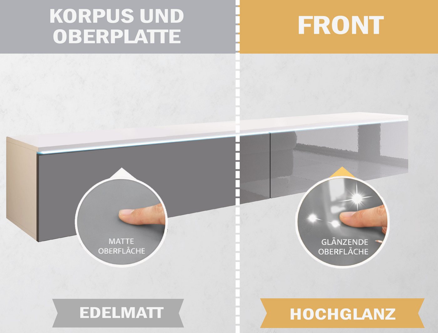 Home affaire Lowboard LOWBOARD VERA, wahlweise mit oder ohne Beleuchtung, Modernes griffloses TV-Board, 180 cm TV-Schrank, stehend und hängend – Bild 5 von 5