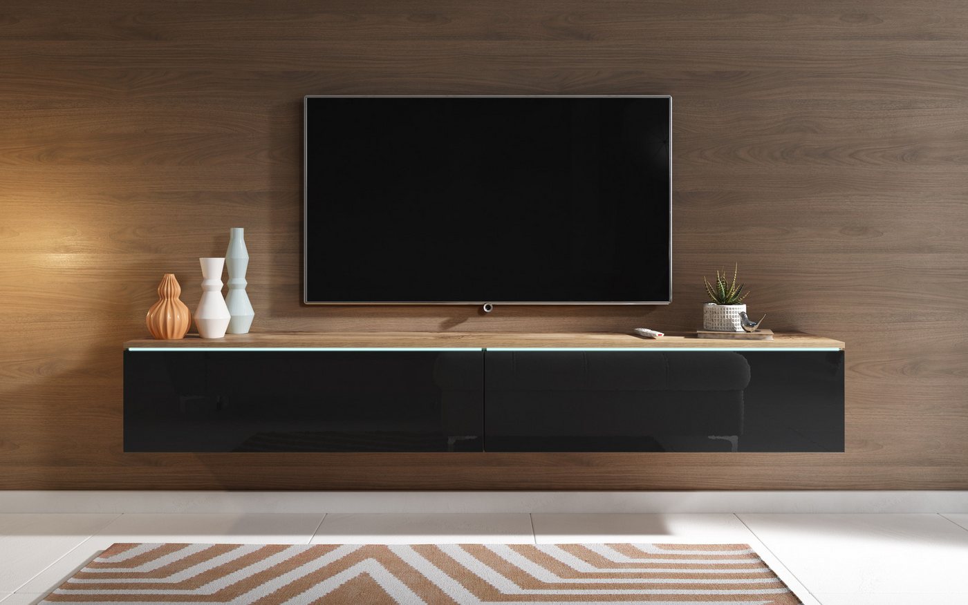 Home affaire Lowboard LOWBOARD VERA, wahlweise mit oder ohne Beleuchtung, Modernes griffloses TV-Board, 180 cm TV-Schrank, stehend und hängend – Bild 2 von 5