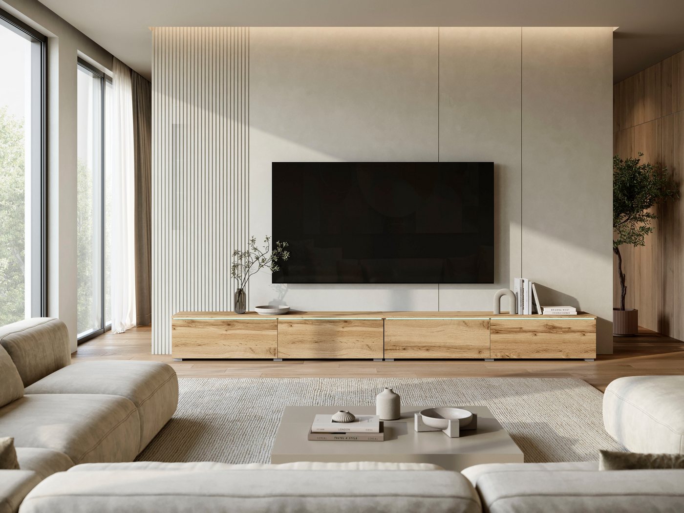 Home affaire Lowboard Vera, TV-Schrank, Breite 300 cm, verschiedene Farbausführungen (1 St), Mit LED, 4 Klappen, grifflose Fronten, hängend oder stehend – Bild 2 von 5