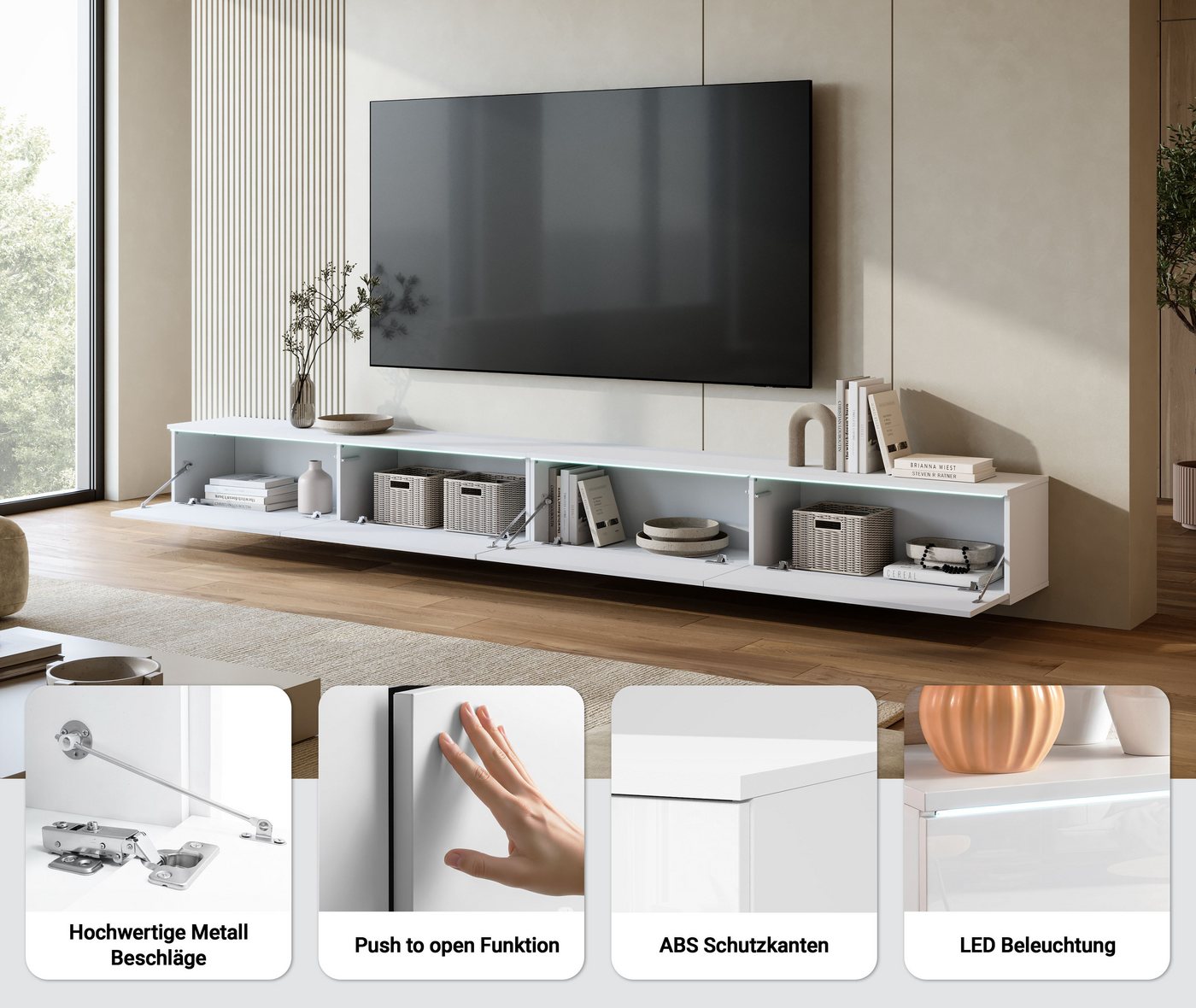Home affaire Lowboard Vera, TV-Schrank, Breite 300 cm, verschiedene Farbausführungen (1 St), Mit LED, 4 Klappen, grifflose Fronten, hängend oder stehend – Bild 3 von 5