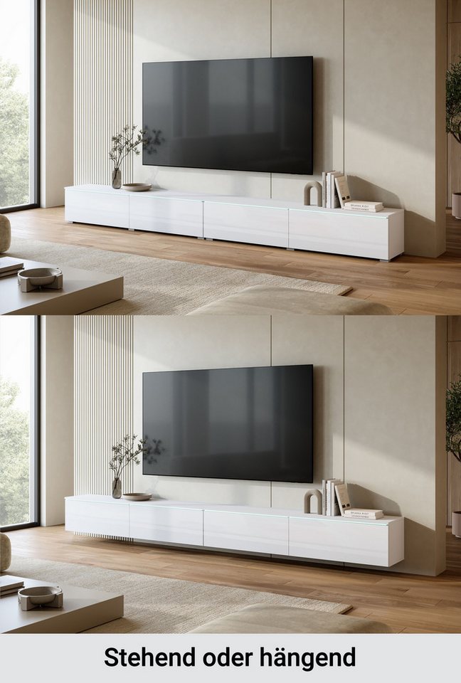 Home affaire Lowboard Vera, TV-Schrank, Breite 300 cm, verschiedene Farbausführungen (1 St), Mit LED, 4 Klappen, grifflose Fronten, hängend oder stehend – Bild 4 von 5