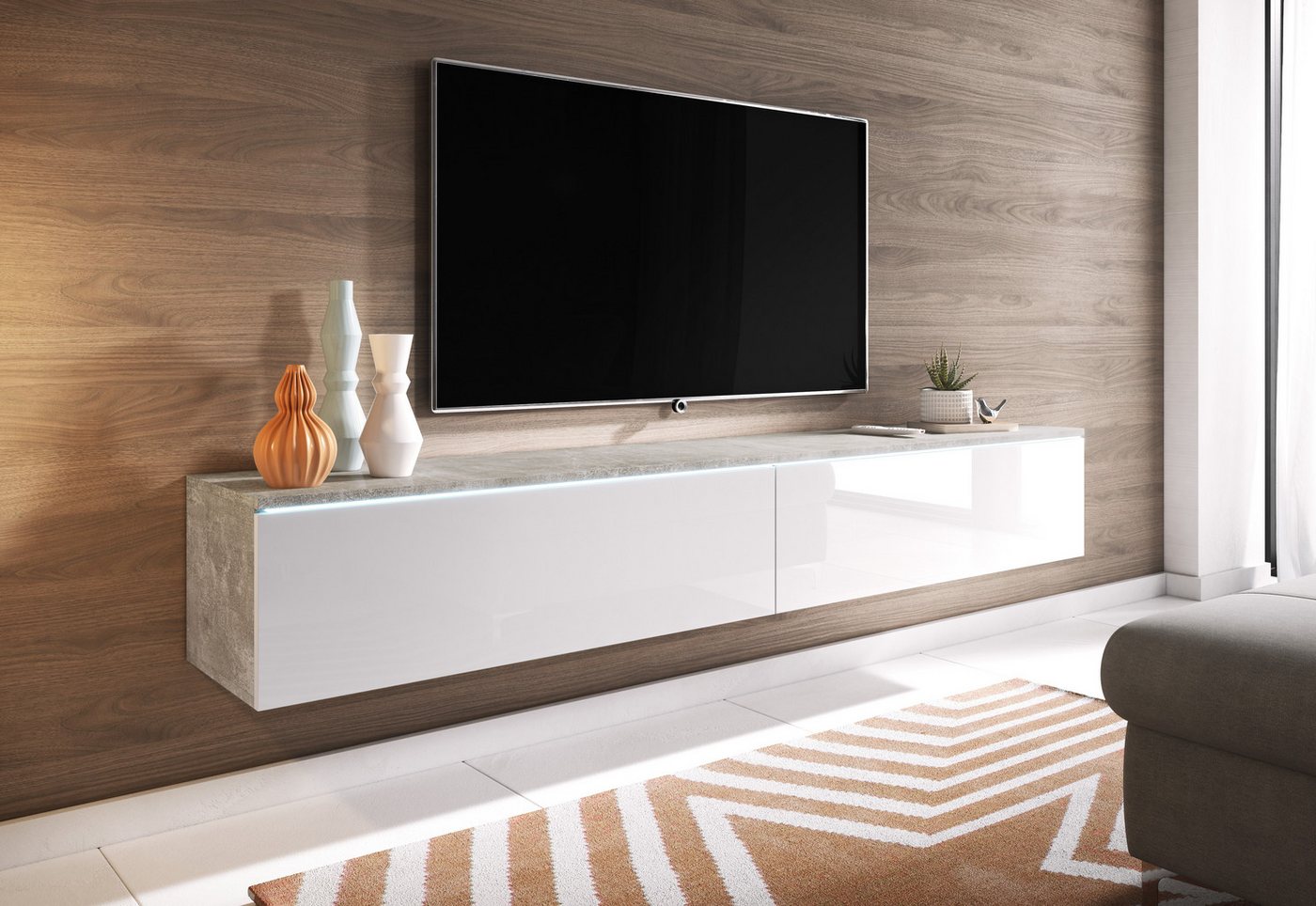 Home affaire Lowboard LOWBOARD VERA, wahlweise mit oder ohne Beleuchtung, Modernes griffloses TV-Board, 180 cm TV-Schrank, stehend und hängend – Bild 2 von 5