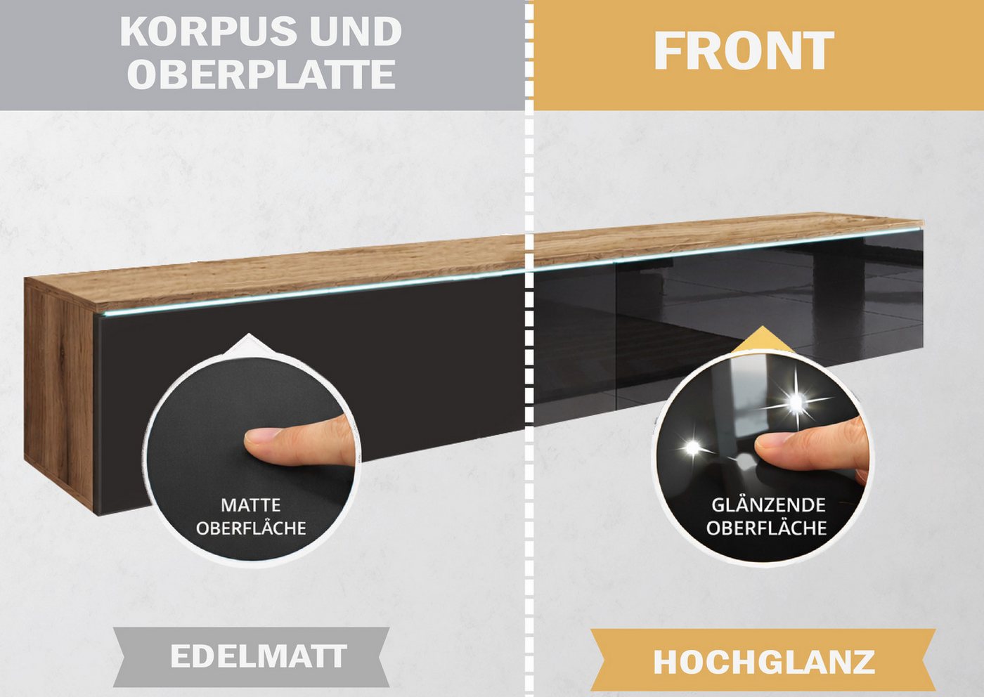 Home affaire Lowboard LOWBOARD VERA, wahlweise mit oder ohne Beleuchtung, Modernes griffloses TV-Board, 180 cm TV-Schrank, stehend und hängend – Bild 5 von 5