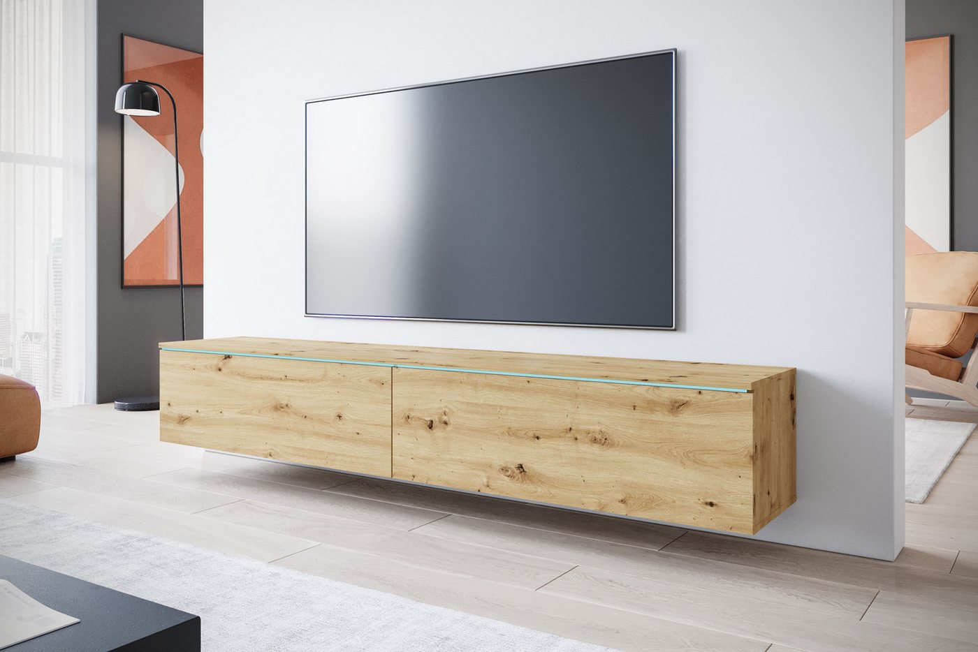 Home affaire Lowboard LOWBOARD VERA, wahlweise mit oder ohne Beleuchtung, Modernes griffloses TV-Board, 180 cm TV-Schrank, stehend und hängend – Bild 2 von 5