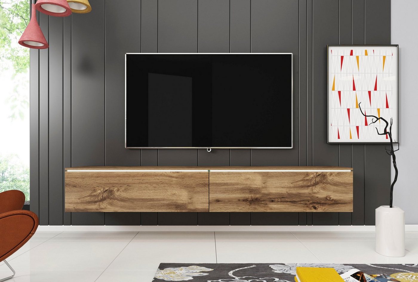 Home affaire Lowboard LOWBOARD VERA, wahlweise mit oder ohne Beleuchtung, Modernes griffloses TV-Board, 180 cm TV-Schrank, stehend und hängend – Bild 5 von 5
