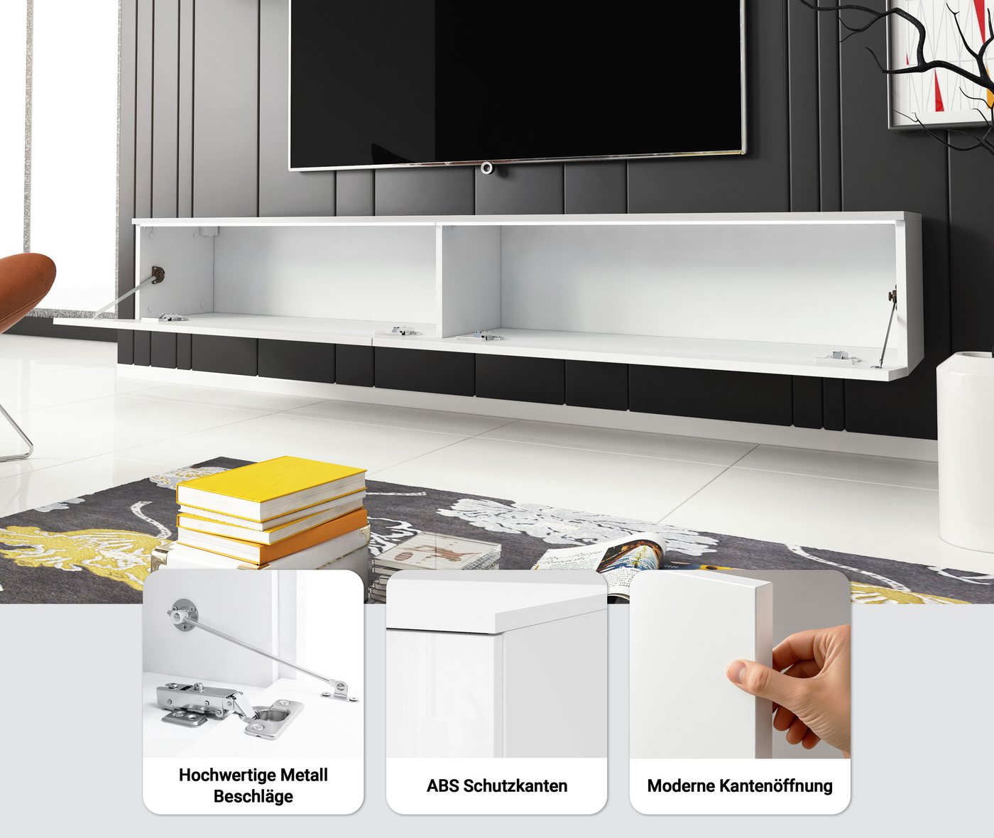 Home affaire Lowboard LOWBOARD VERA, wahlweise mit oder ohne Beleuchtung, Modernes griffloses TV-Board, 180 cm TV-Schrank, stehend und hängend – Bild 4 von 5