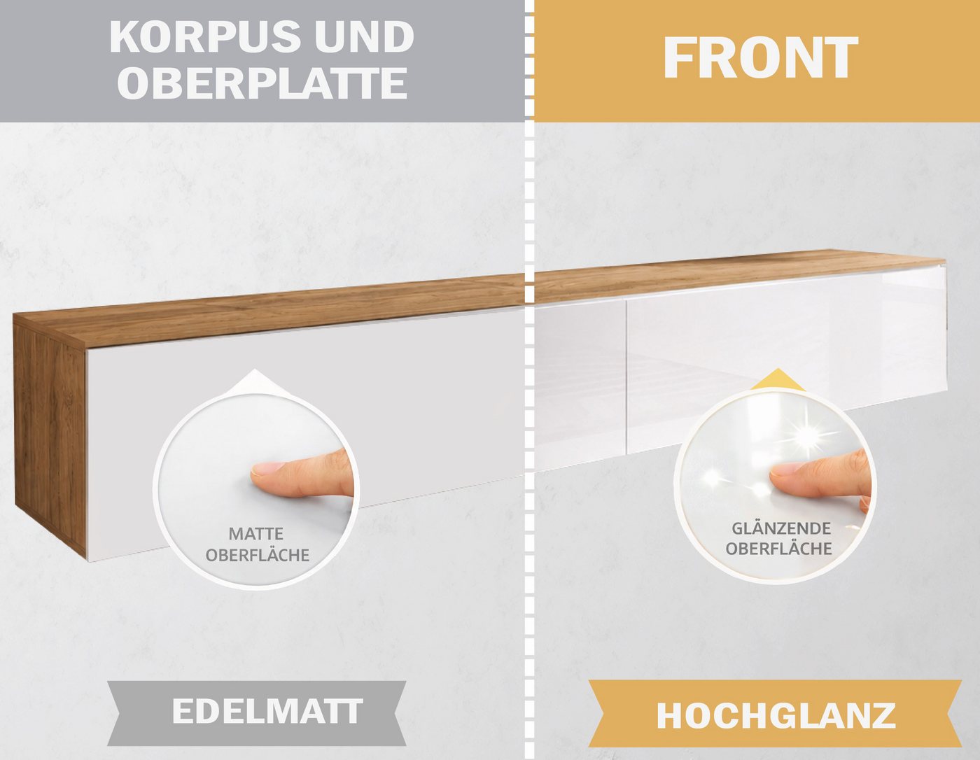 Home affaire Lowboard LOWBOARD VERA, wahlweise mit oder ohne Beleuchtung, Modernes griffloses TV-Board, 180 cm TV-Schrank, stehend und hängend – Bild 5 von 5
