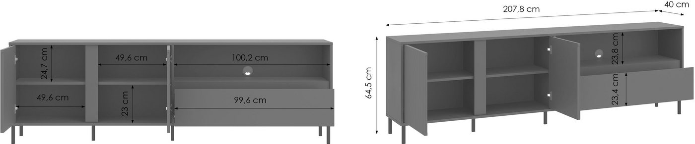 Home affaire Lowboard viel Stauraum, Soft Close, 2 Türen und 1 Schubkasten, mit Metallfüßen, Breite 208 cm, grifflos, Fronten geriffelt – Bild 5 von 5