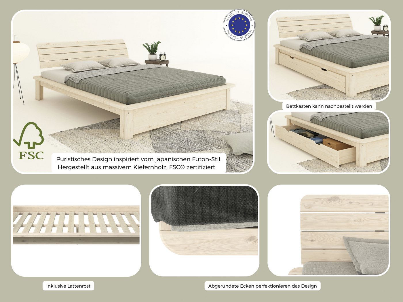 Home affaire Massivholzbett Antri, Futonbett, ergonomisch geformtes Kopfteil, stilvolles Design, Rahmen zur Ablage von Smartphone, mit Lattenrost, Bettkasten op – Bild 3 von 5