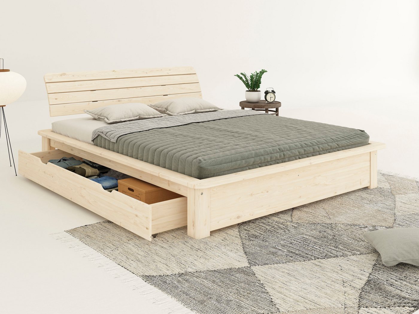 Home affaire Massivholzbett Antri, Futonbett, ergonomisch geformtes Kopfteil, stilvolles Design, Rahmen zur Ablage von Smartphone, mit Lattenrost, Bettkasten op – Bild 4 von 5