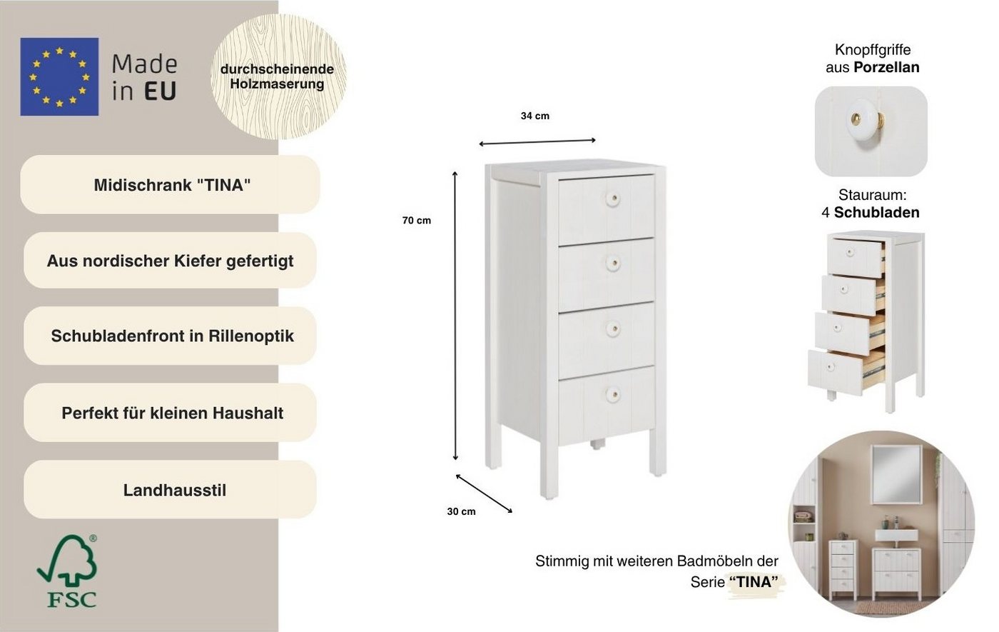Home affaire Midischrank Tina Badmöbel, Kommode, Schrank, Breite 34 cm, Massivholz – Bild 3 von 5