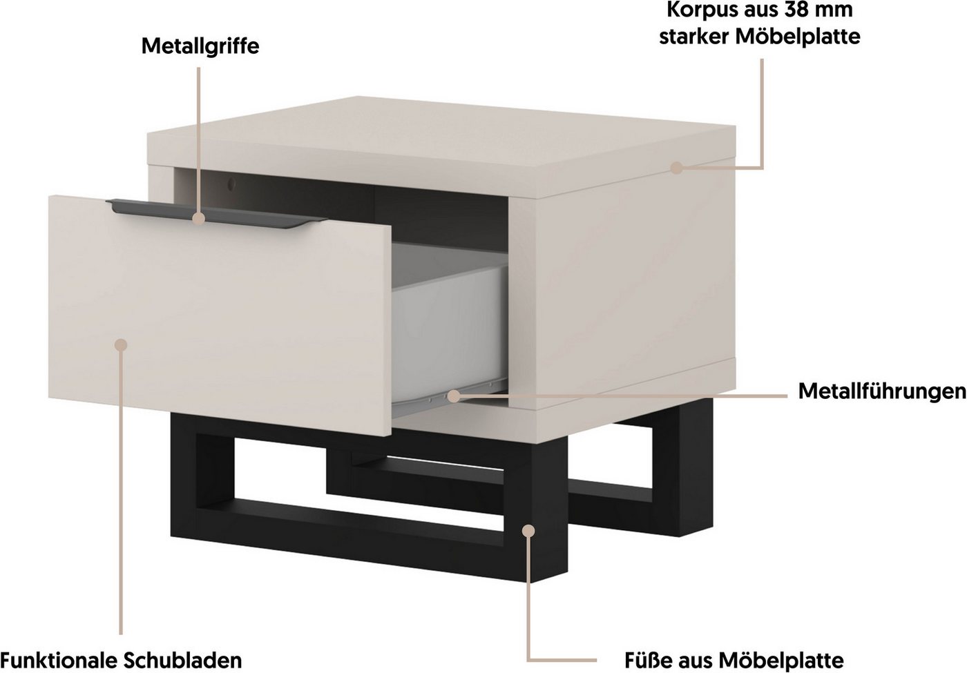 Home affaire Nachtkommode Bronne,Breite 55 cm, Nachttisch mit 1 Schublade, Moderner Nachtschrank mit Kufen in Metalloptik, Metallgriff – Bild 3 von 5