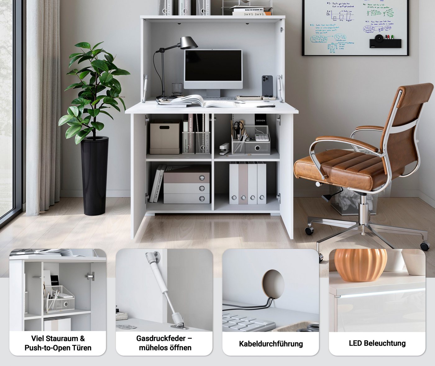 Home affaire PC-Schrank Vera, Sekretär, Home-Office-Schreibtisch mit LED-Beleuchtung (1 St), Multifunktional mit Stauraum, klappbare Tischfläche, LED, B 90 cm – Bild 3 von 5