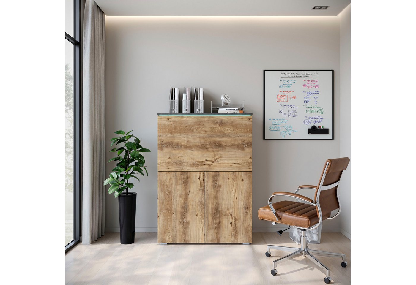 Home affaire PC-Schrank Vera, Sekretär, Home-Office-Schreibtisch mit LED-Beleuchtung (1 St), Multifunktional mit Stauraum, klappbare Tischfläche, LED, B 90 cm – Bild 5 von 5