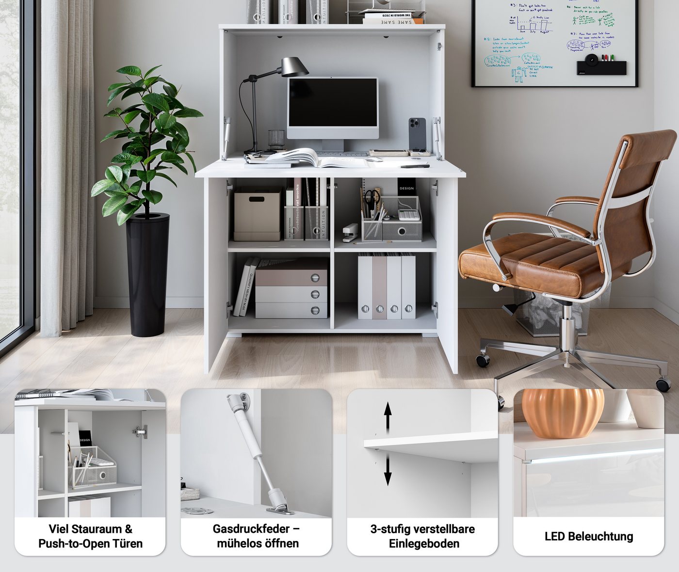 Home affaire PC-Schrank Vera, Sekretär, Home-Office-Schreibtisch mit LED-Beleuchtung (1 St), Multifunktional mit Stauraum, klappbare Tischfläche, LED, B 90 cm – Bild 3 von 5