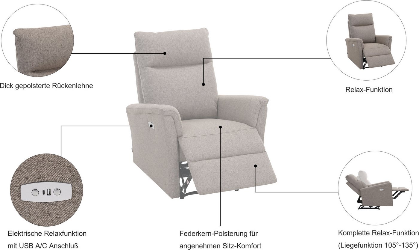 Home affaire Relaxsessel FINNARA, Relaxsessel, TV-Sessel, elelektrische Relaxfunktion, USB A/C, Liegefunktion 105°-135°, Federkern – Bild 3 von 5