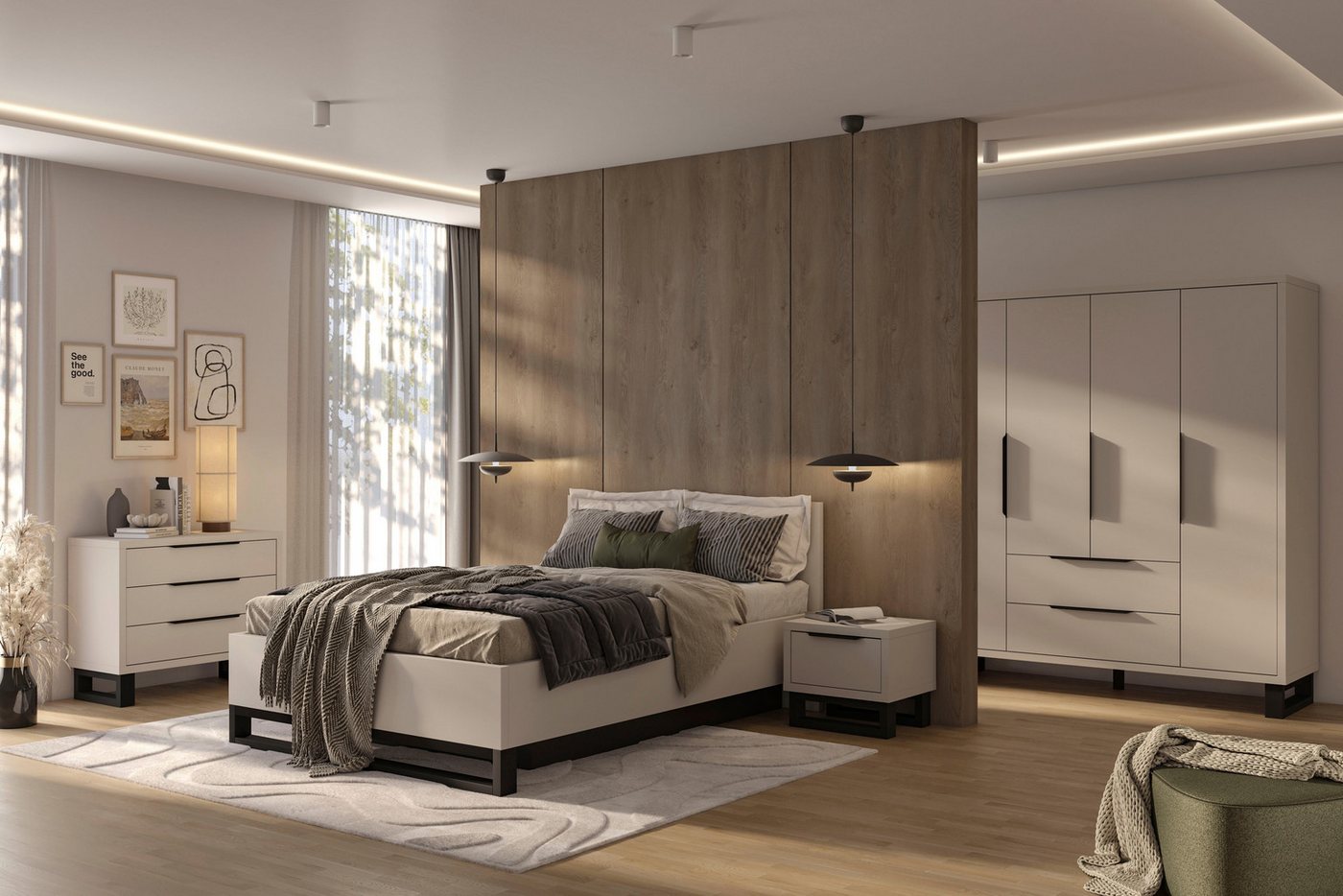 Home affaire Schlafzimmer-Set Bronne,Komplettschlafzimmer (Set,4-St), (4-tlg), Schlafzimmer-Set,Schrank 4Trg 2xNako, Bett180/200, Kufen Metalloptik – Bild 4 von 5