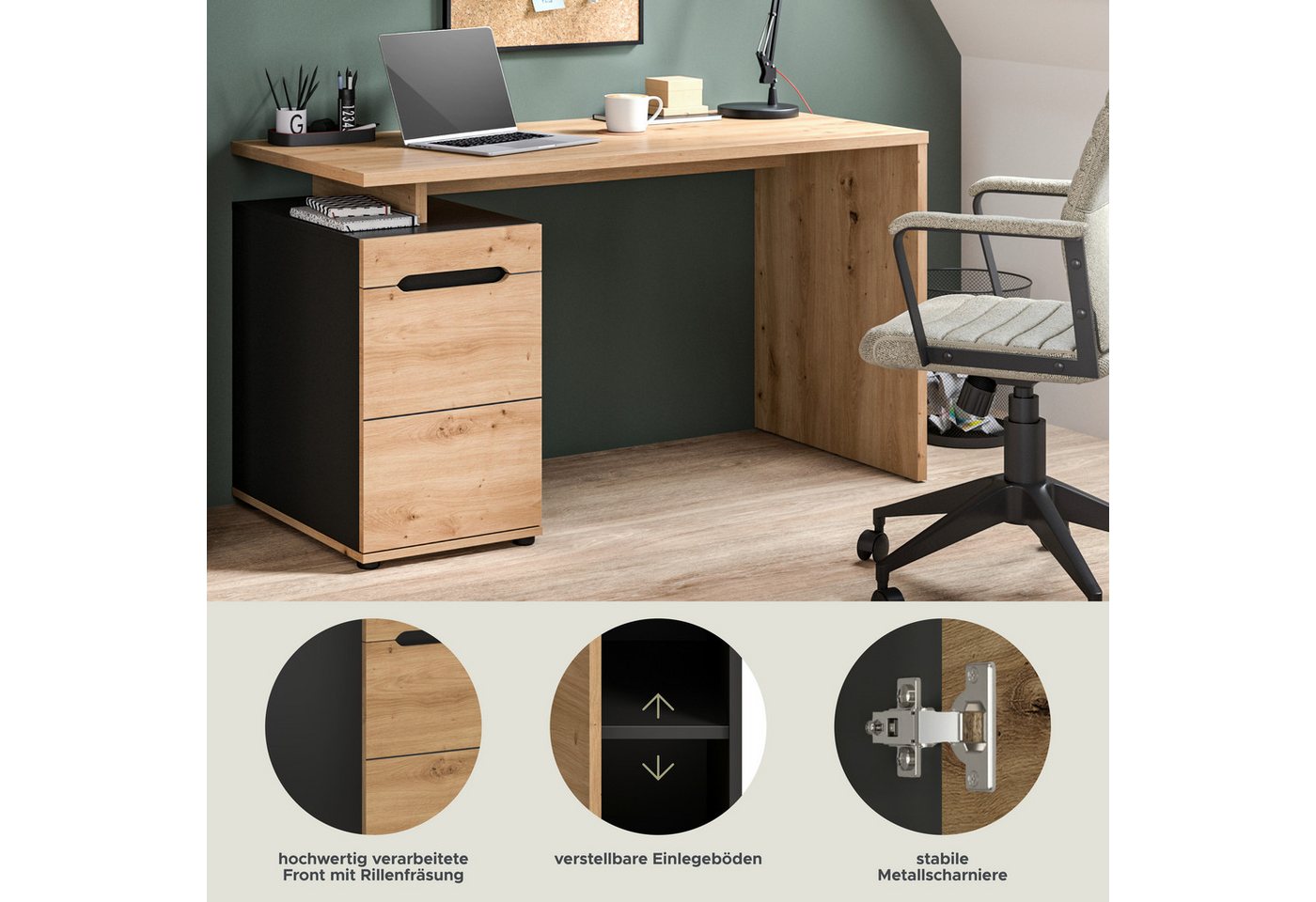 Home affaire Schreibtisch REHAT, Bürotisch, Computertisch, Laptoptisch (bietet viel Stauraum für sämtliches Büromaterial), grifflose Fronten, 1 Tür mit verstell – Bild 3 von 5