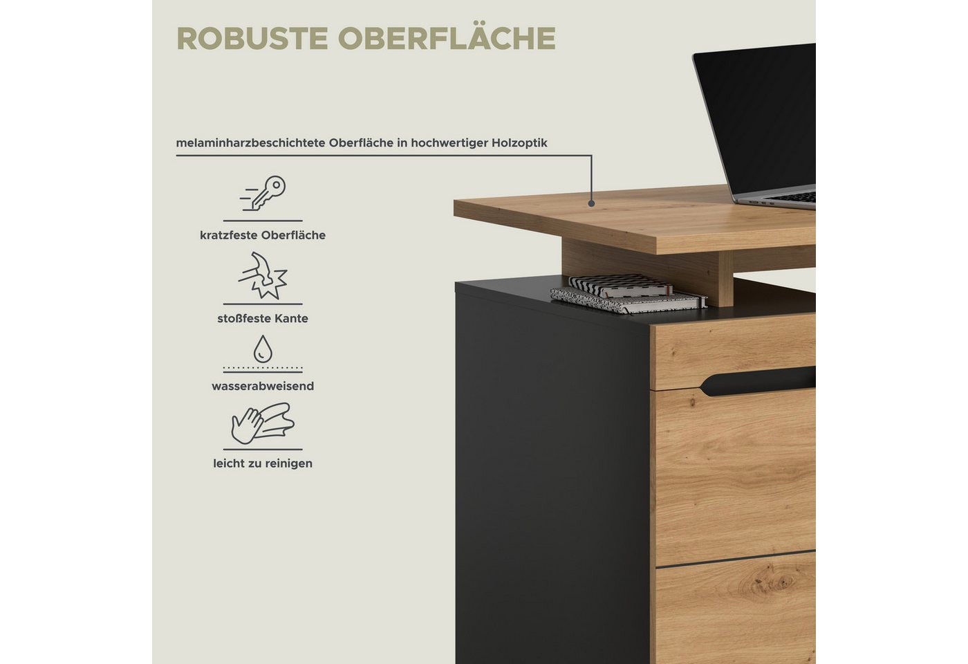 Home affaire Schreibtisch REHAT, Bürotisch, Computertisch, Laptoptisch (bietet viel Stauraum für sämtliches Büromaterial), grifflose Fronten, 1 Tür mit verstell – Bild 4 von 5