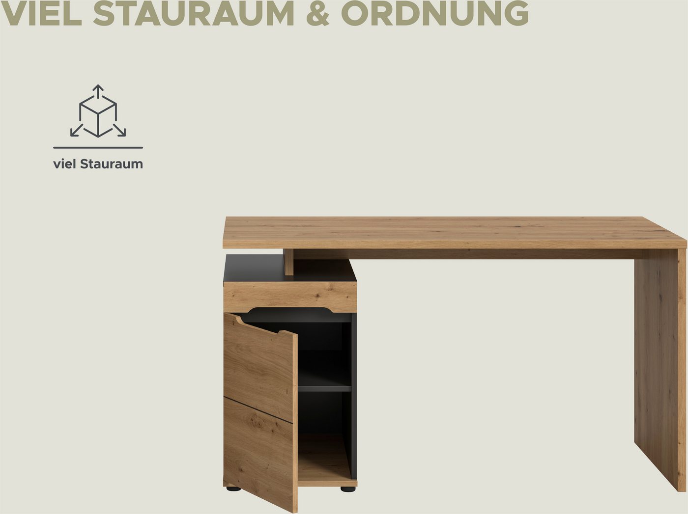 Home affaire Schreibtisch REHAT, Bürotisch, Computertisch, Laptoptisch (bietet viel Stauraum für sämtliches Büromaterial), grifflose Fronten, 1 Tür mit verstell – Bild 5 von 5