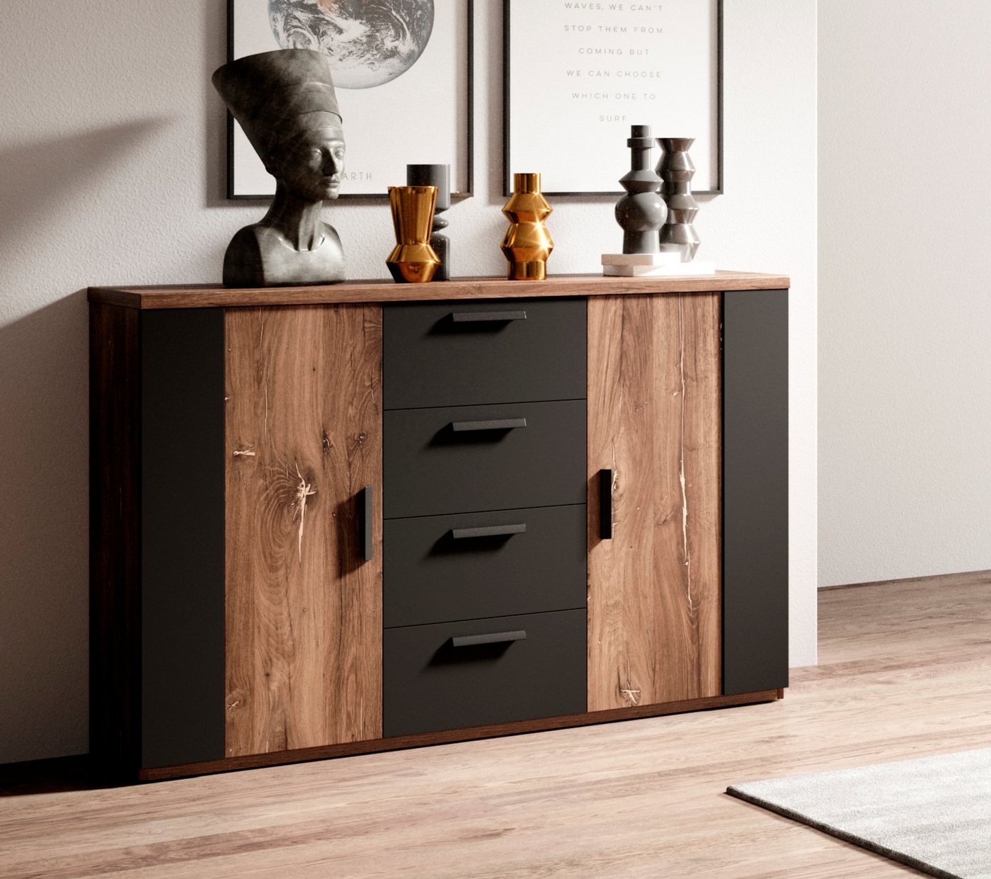 Home affaire Schubkastenkommode Sigma, Breite 132 cm, moderne Schubladenkommode, Made in Europe, Kommode viel Stauraum, Einlegeböden verstellbar, Anrichte – Bild 2 von 5