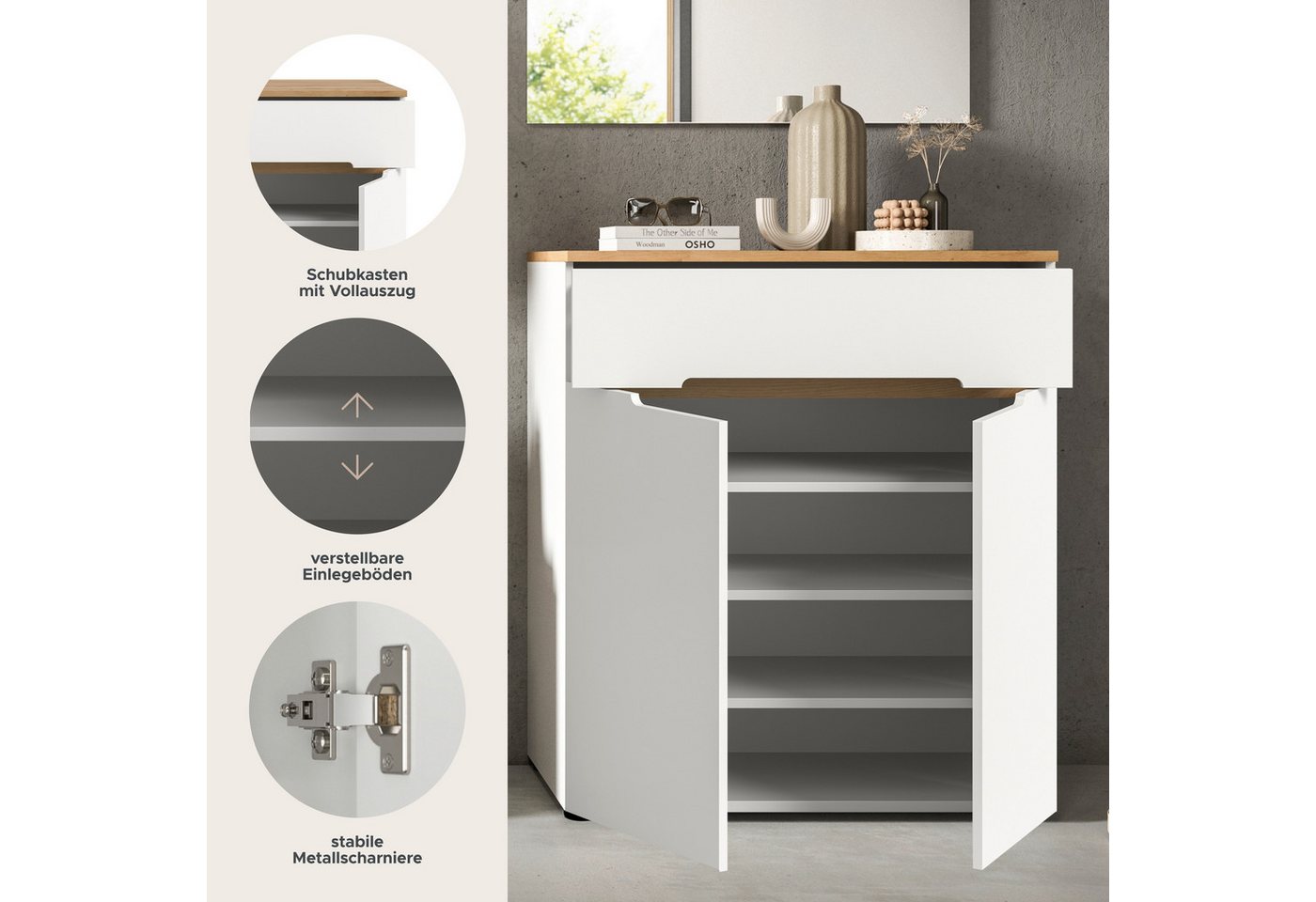 Home affaire Schuhkommode REHAT, TOPSELLER!, Breite 80cm, 2 Türen, 1 Schubkasten, 4 Fächer (1 St., in verschiedenen Farben erhältlich, Platz für ca. 12 Paar Sch – Bild 3 von 5