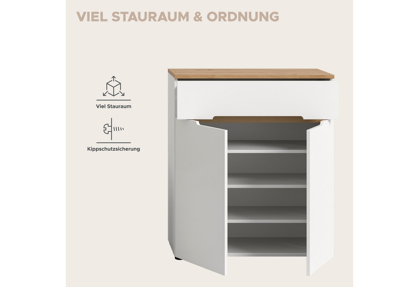 Home affaire Schuhkommode REHAT, TOPSELLER!, Breite 80cm, 2 Türen, 1 Schubkasten, 4 Fächer (1 St., in verschiedenen Farben erhältlich, Platz für ca. 12 Paar Sch – Bild 5 von 5