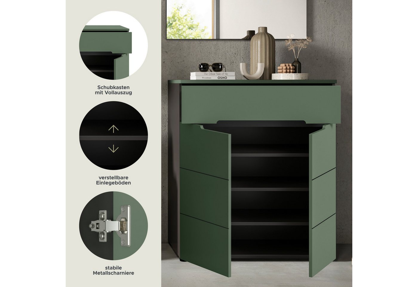 Home affaire Schuhkommode REHAT, TOPSELLER!, Breite 80cm, 2 Türen, 1 Schubkasten, 4 Fächer (1 St., in verschiedenen Farben erhältlich, Platz für ca. 12 Paar Sch – Bild 4 von 5
