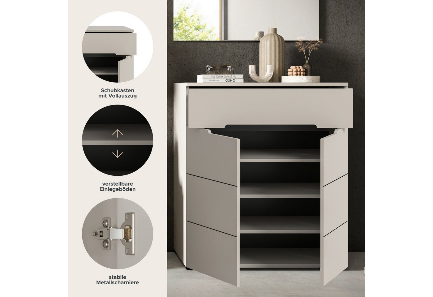 Home affaire Schuhkommode REHAT, TOPSELLER!, Breite 80cm, 2 Türen, 1 Schubkasten, 4 Fächer (1 St., in verschiedenen Farben erhältlich, Platz für ca. 12 Paar Sch – Bild 3 von 5