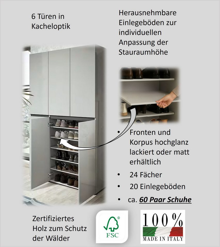 Home affaire Schuhschrank MISTER Schuhkommode, Schuhmöbel, Schuhregal, Hochglanz lackiert Breite 120 cm, Höhe 200 cm, 6 Türen, 24 Fächer, ca.58 paar Schuhe – Bild 5 von 5