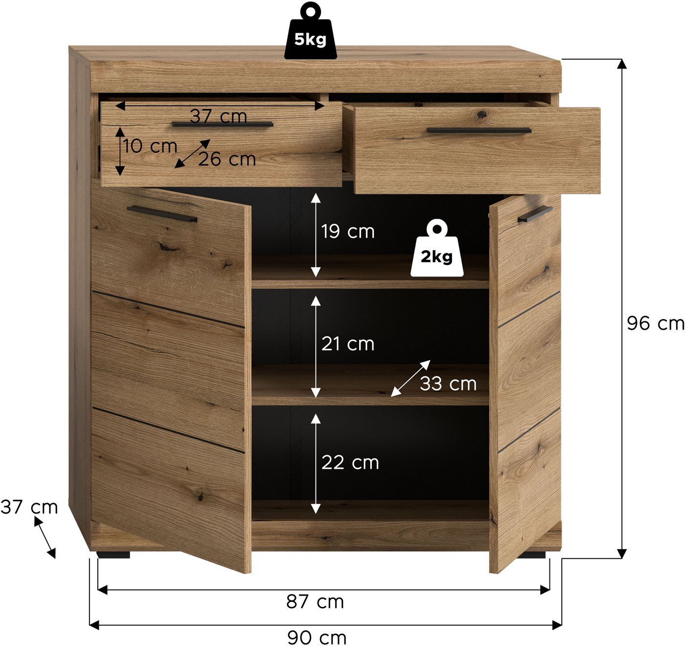 Home affaire Schuhschrank SIENA, Breite 90 cm, 2 Türen, 2 Einlegeböden, 3 Fächer, 2 Schubkästen (1-St., hochwertige Rillenfräsung in MDF Front) Schuhkommode, Ko – Bild 5 von 5