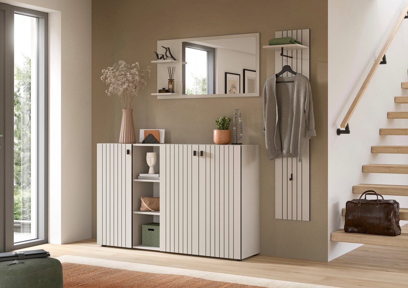 Home affaire Schuhschrank TATIO, Breite 150 cm, Rillenoptik, offene Fächer, 3 Türen (1-St) Garderobenschrank, Flurkommode, Kommode, Schuhschrank – Bild 5 von 5