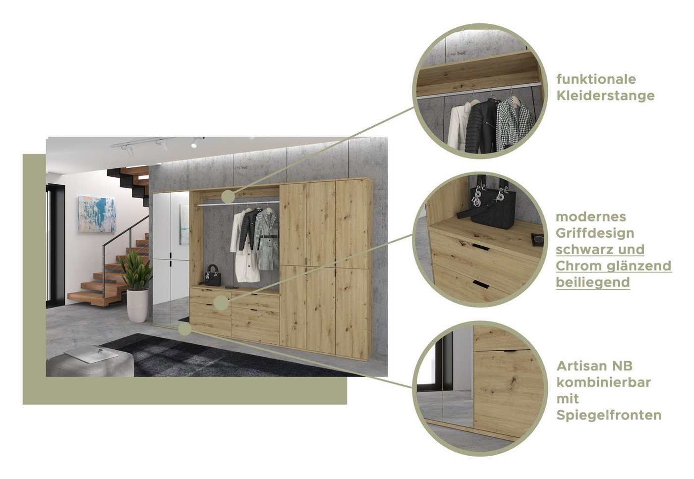 Home affaire Schuhschrank TRONDHEIM, Höhe 193 cm, 4 Spiegeltüren, 9 Fächer, 7 Einlegeböden (inkl. ausziehbarer Kleiderstange, in verschiedenen Farben erhältlich – Bild 3 von 5