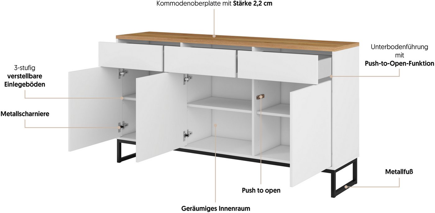 Home affaire Sideboard Alto, Breite 157 cm, grifflose Kommode 3 Türen/3 Schubkästen., Schubladenschrank mit viel Stauraum, Einlegeböden verstellbar – Bild 3 von 5