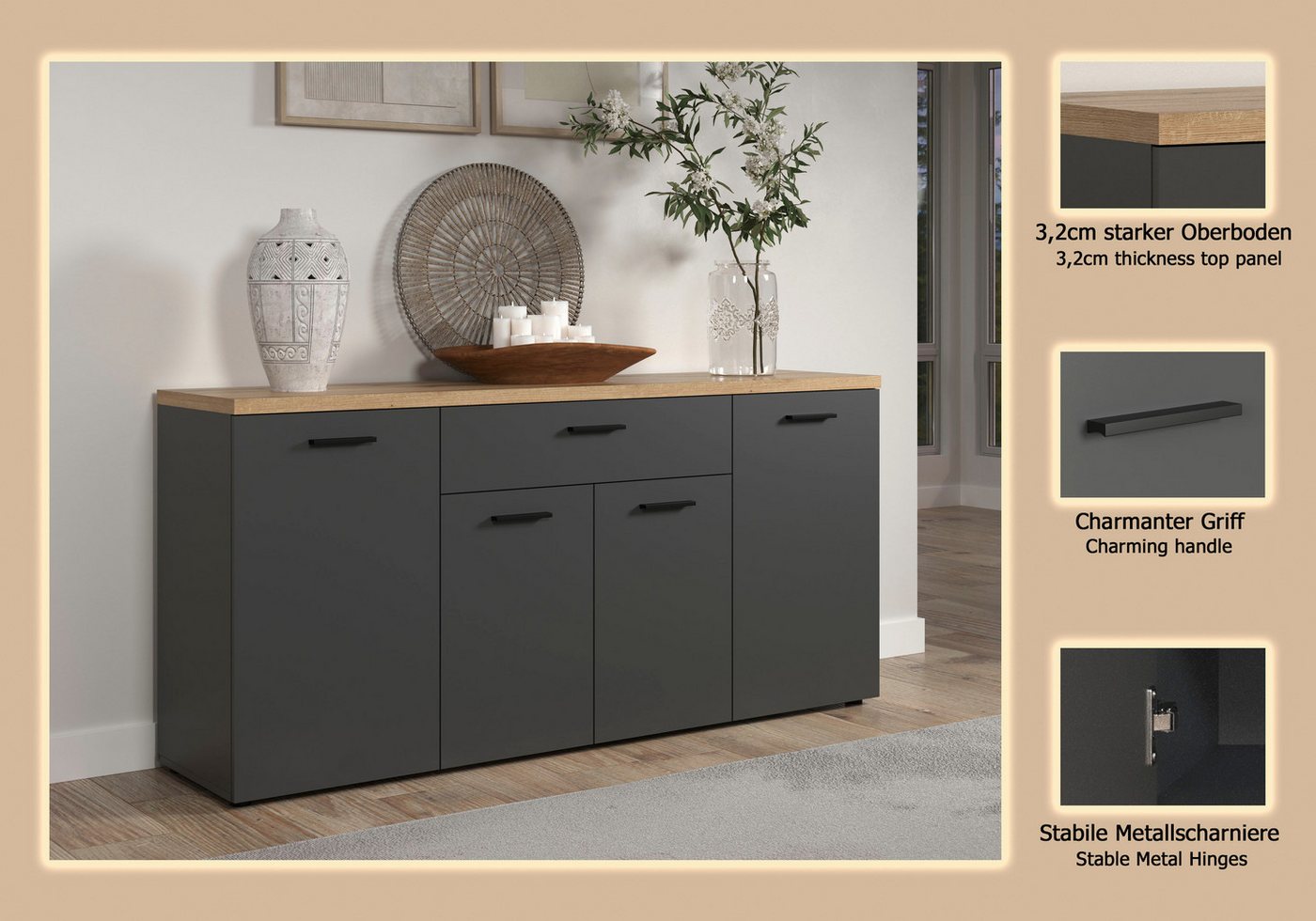 Home affaire Sideboard Bajo (1 St), Kommode mit 4 Türen und 1 Schubkasten – (B/T/H) 180/42/85 cm – Bild 3 von 5