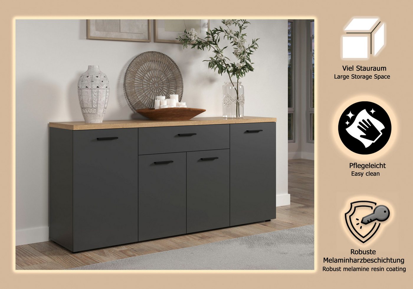 Home affaire Sideboard Bajo (1 St), Kommode mit 4 Türen und 1 Schubkasten – (B/T/H) 180/42/85 cm – Bild 4 von 5