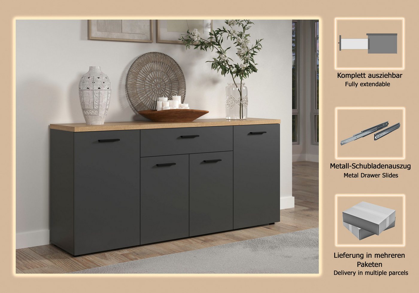 Home affaire Sideboard Bajo (1 St), Kommode mit 4 Türen und 1 Schubkasten – (B/T/H) 180/42/85 cm – Bild 5 von 5