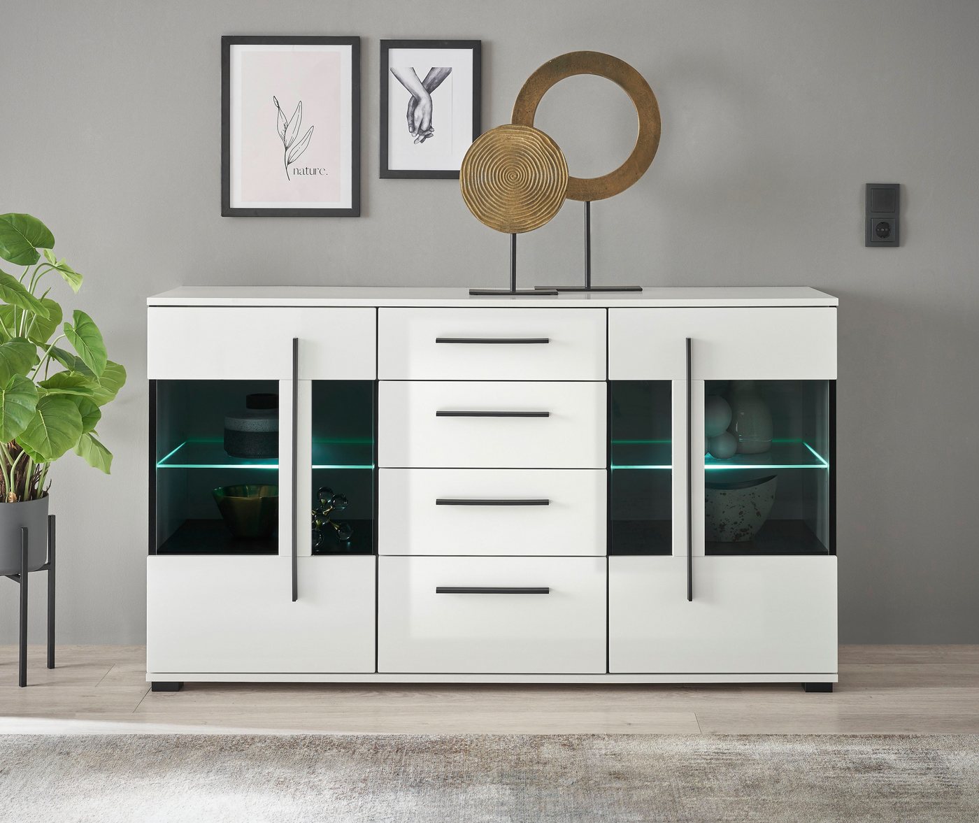 Home affaire Sideboard Cantara, moderner Schrank, Kommode in Eiche Evoke, Weiß oder Kaschmir, schwarze Stangengriffe, ausreichend Stauraum, vielseitig einsetzba – Bild 2 von 5