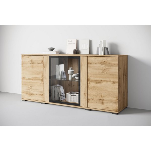 Home affaire Sideboard Caro, modernes Design mit Glaseinsätzen, Breite 150 cm (1 St), Grifflose Fronten mit Push-to-Open, höhenverstellbare Einlegeböden