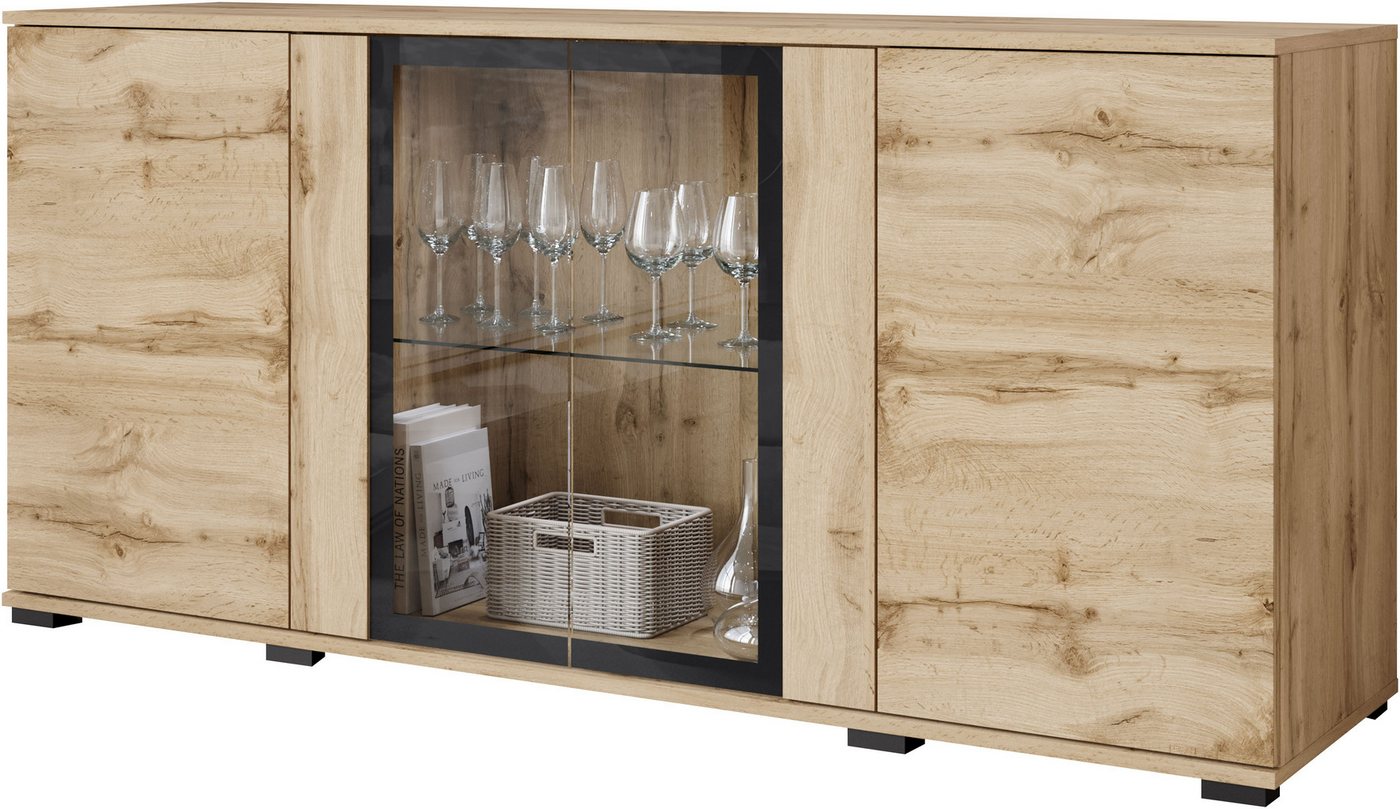 Home affaire Sideboard Caro, modernes Design mit Glaseinsätzen, Breite 150 cm (1 St), Grifflose Fronten mit Push-to-Open, höhenverstellbare Einlegeböden – Bild 2 von 5
